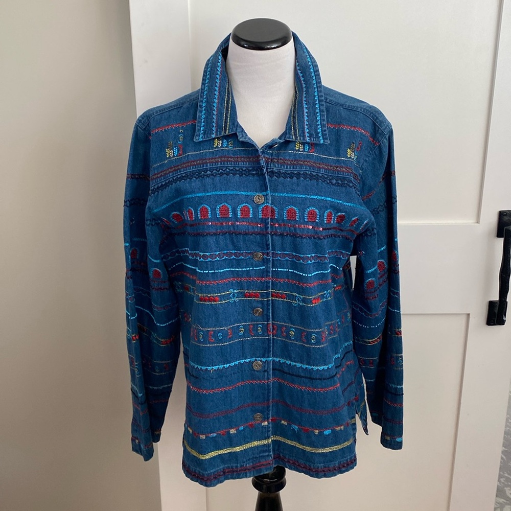 Denim Embroidered Jacket Shirt Shacket SZ XL